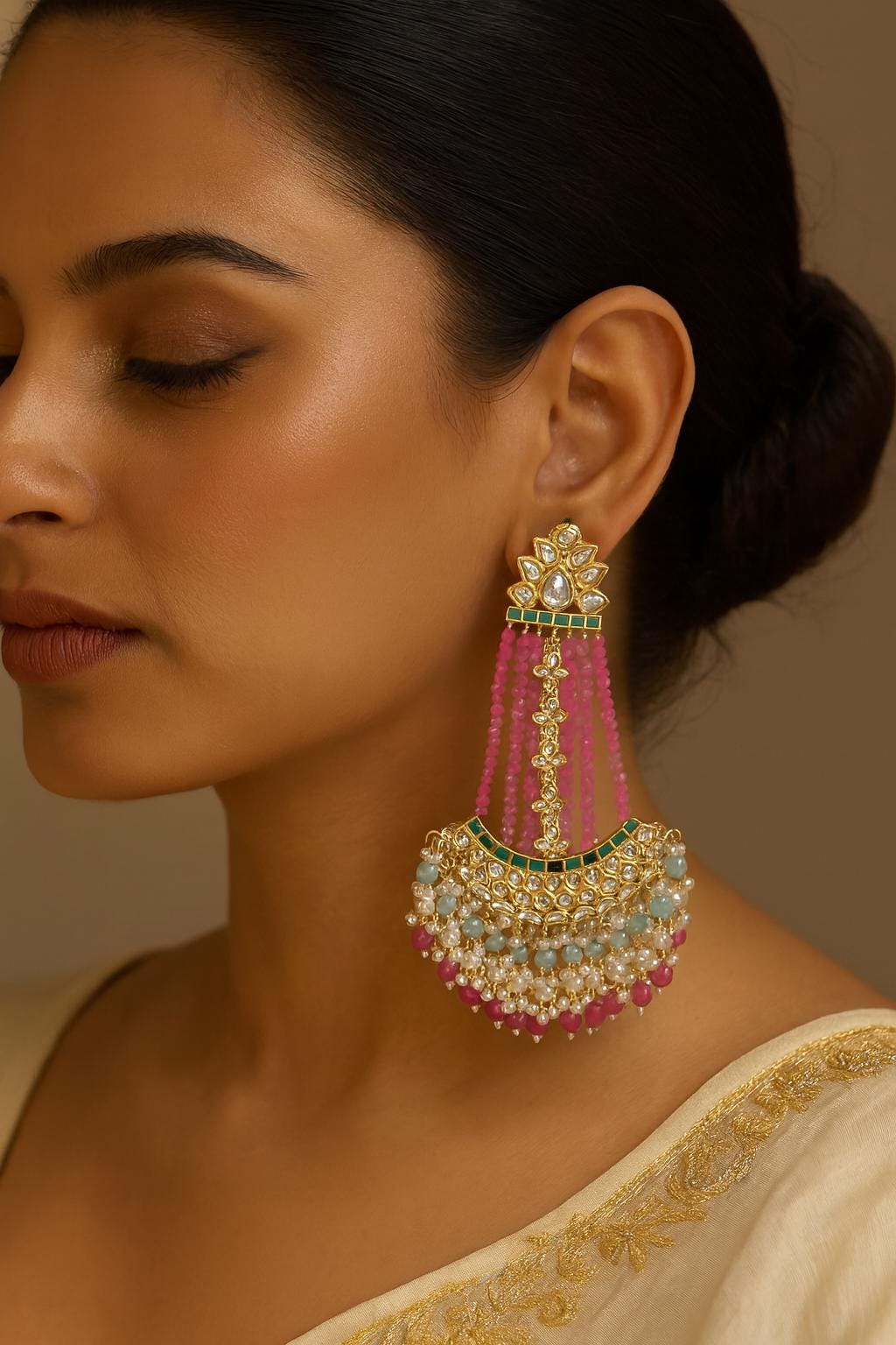 ZUNEIRA Blush Pink Gold Tone Royal Kundan Chandbali/ Indian dangler Earrings,Pakistani Wedding Jewelry/pink blue bollywood chandbalis