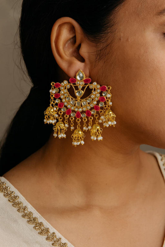 SAFIYA pink Kundan chandbali in pearls and and gold, Indian bridal wedding jewelry ,Pakistani chandbali earrings in gold finish