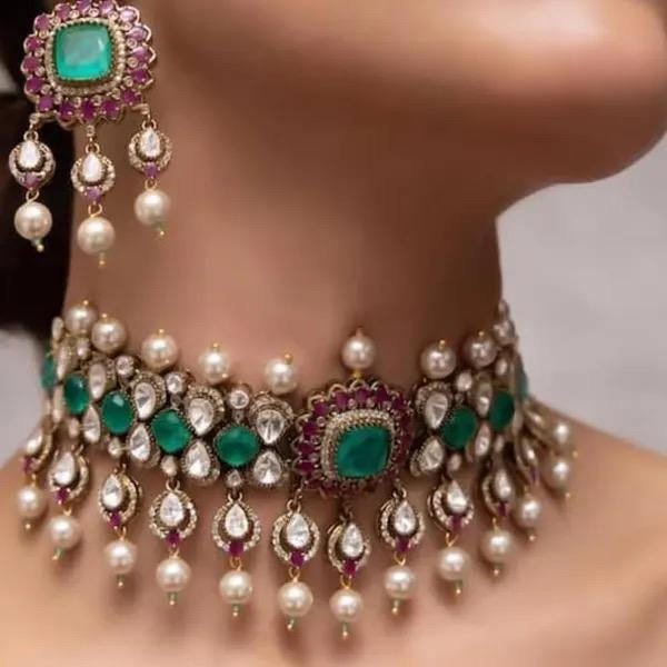 RUHANI Sabyasachi inspired Emerald and Ruby choker set lined with pearls, kundan necklace set in doublet stone,Indian Bridal wedding jewelry