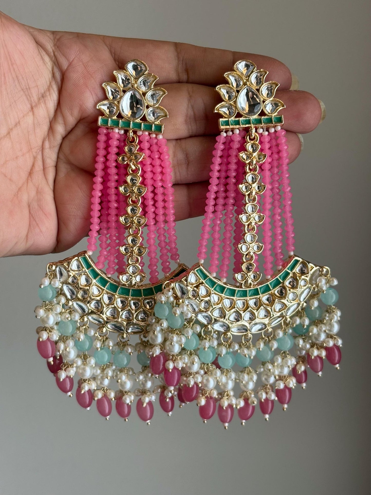 ZUNEIRA Blush Pink Gold Tone Royal Kundan Chandbali/ Indian dangler Earrings,Pakistani Wedding Jewelry/pink blue bollywood chandbalis