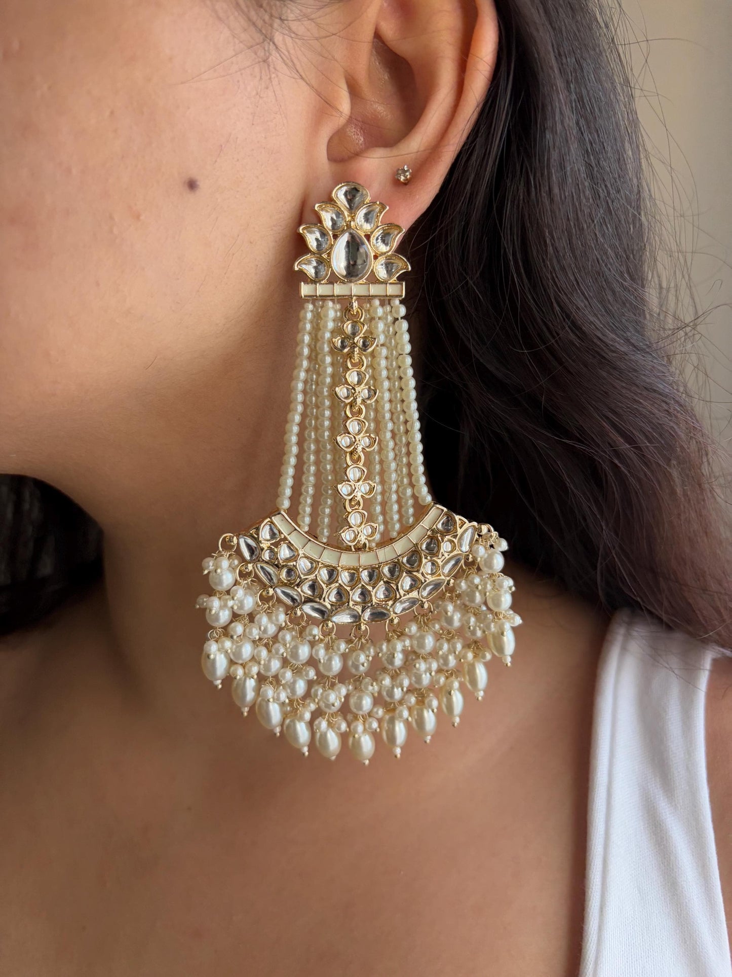 ZUNEIRA ivory white Gold Tone Royal Kundan Chandbali/ Indian dangler Earrings,Pakistani Wedding Jewelry/ bollywood chandbalis