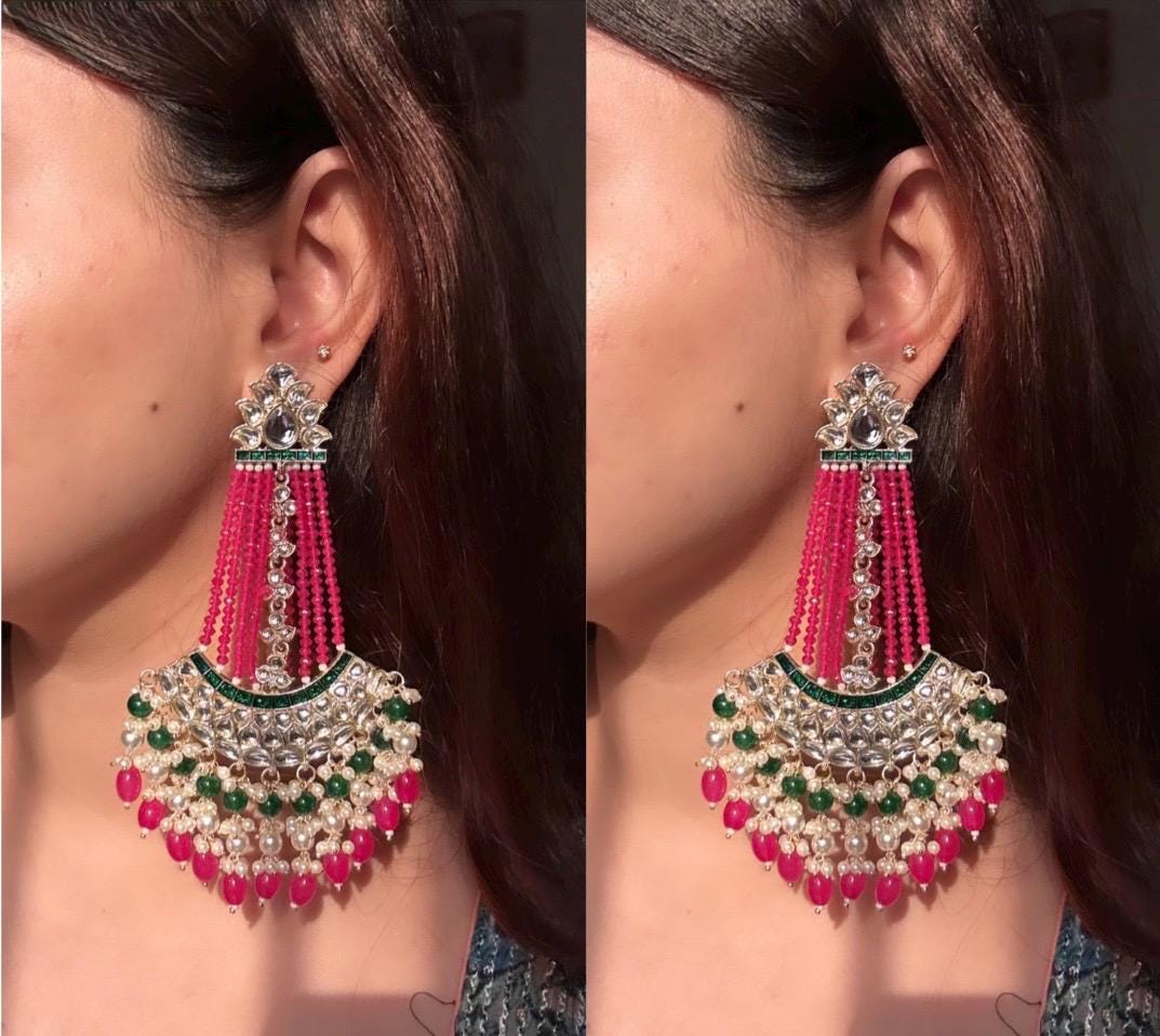 ZUNEIRA Hot pink Gold Tone Royal Kundan Chandbali/ Indian dangler Earrings,Pakistani Wedding Jewelry/ hot pink green bollywood chandbali