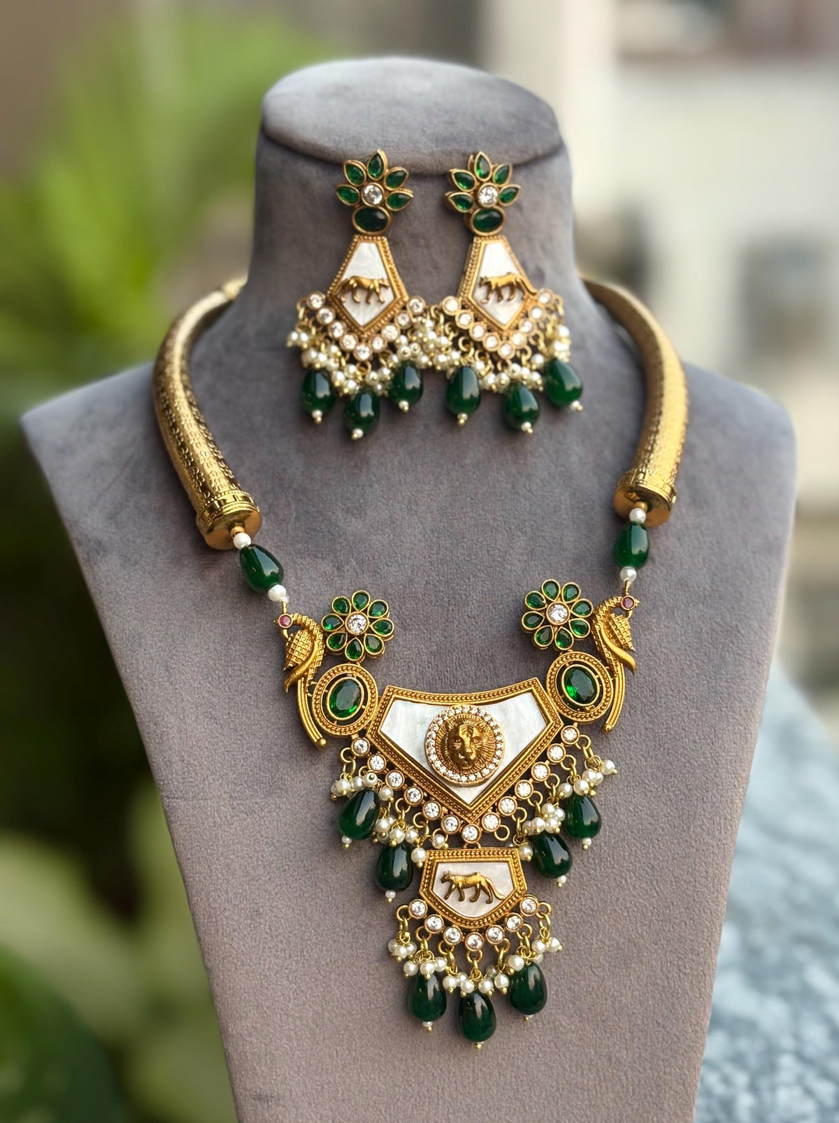 TEJAL green necklace set,Indian Wedding Jewelry,Sabyasachi Jewellery in dark green colour, hasli necklace and earrings