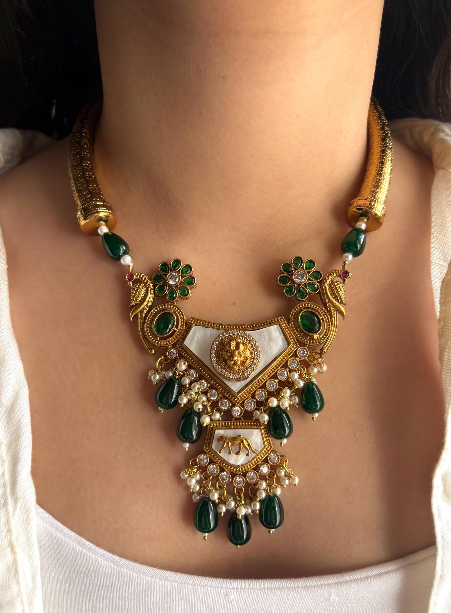 TEJAL green necklace set,Indian Wedding Jewelry,Sabyasachi Jewellery in dark green colour, hasli necklace and earrings