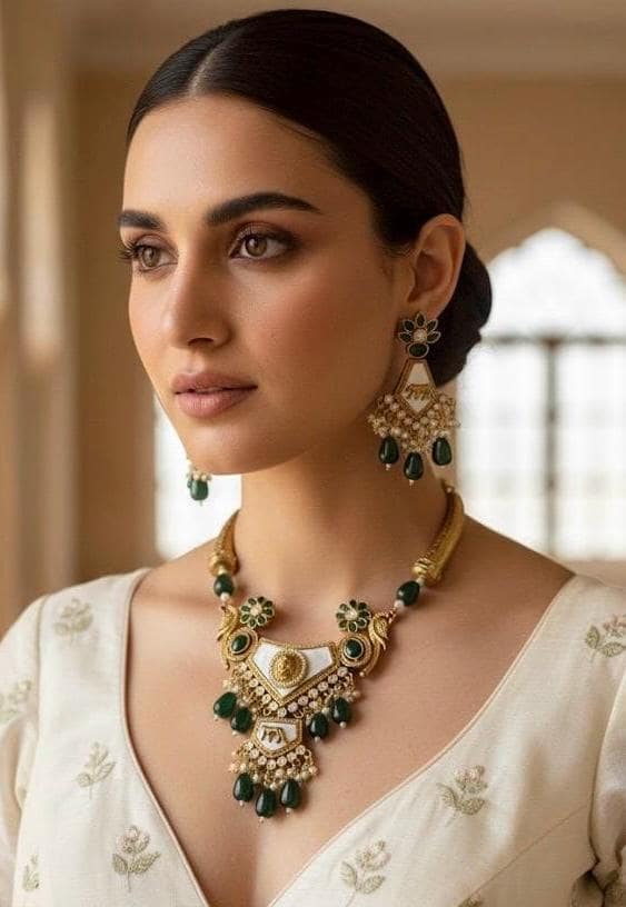 TEJAL green necklace set,Indian Wedding Jewelry,Sabyasachi Jewellery in dark green colour, hasli necklace and earrings