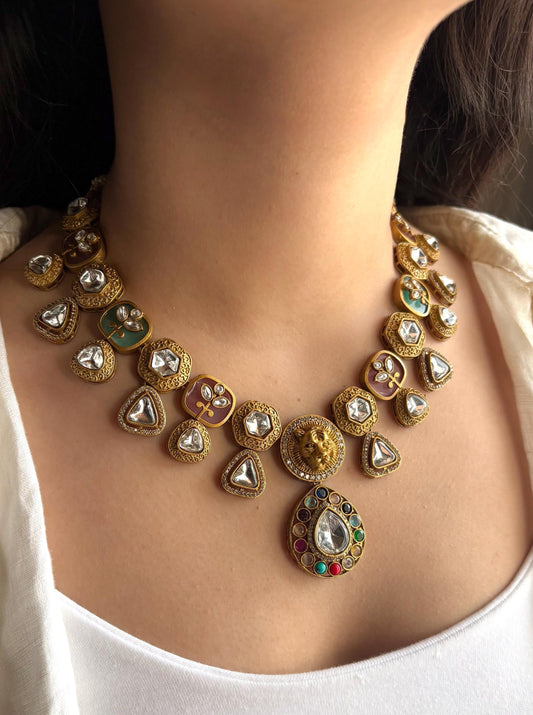 SHIVKA Sabyasachi inspired mint pink Victorian style kundan necklace set,Indian Bridal jewelry, cz kundan golden polish