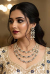 BARIKA three layered sapphire blue kundan and zircon sleek necklace set in mehndi golden polish,Indian victorian style jewelry
