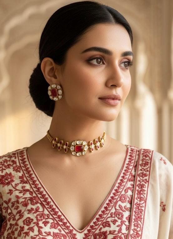 SABAA Victorian look red Doublet Stone kundan Choker with stud Earrings,red colour sleek necklace choker set,Indian Pakistani bridal jewelry