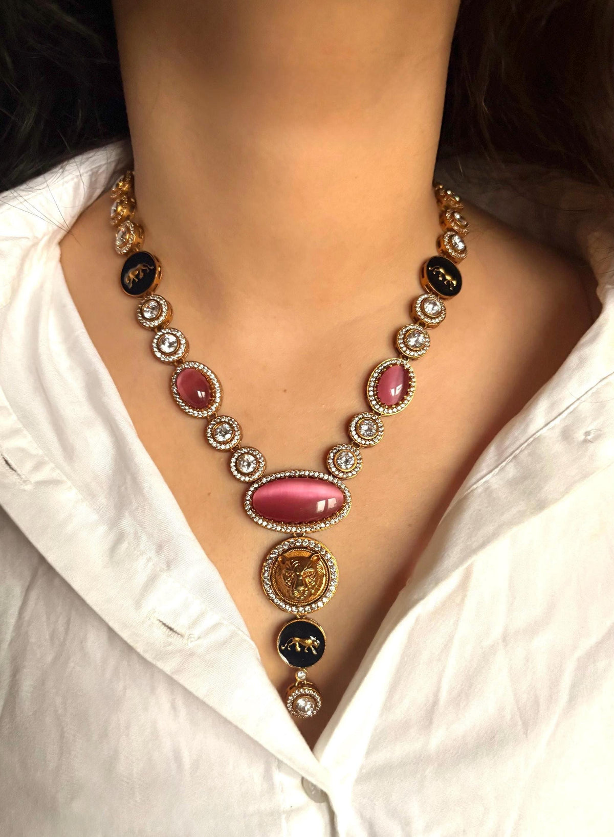 URVI Sabyasachi inspired Pink Victorian style kundan necklace set,Indian Bridal jewelry, cz kundan Victorian golden polish
