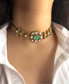SABAA Victorian look Mint Green Doublet Stone kundan Choker with stud Earrings,mint green sleek necklace set,Indian Pakistani bridal jewelry