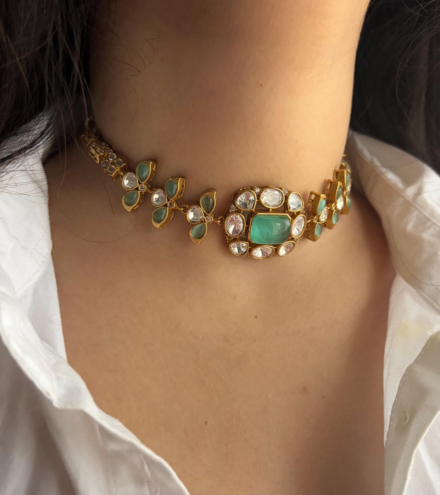 SABAA Victorian look Mint Green Doublet Stone kundan Choker with stud Earrings,mint green sleek necklace set,Indian Pakistani bridal jewelry