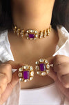 SABAA  Purple Doublet Stone Choker Necklace Set with Earrings, purple sleek choker with studs,  Indian Pakistani wedding jewelry
