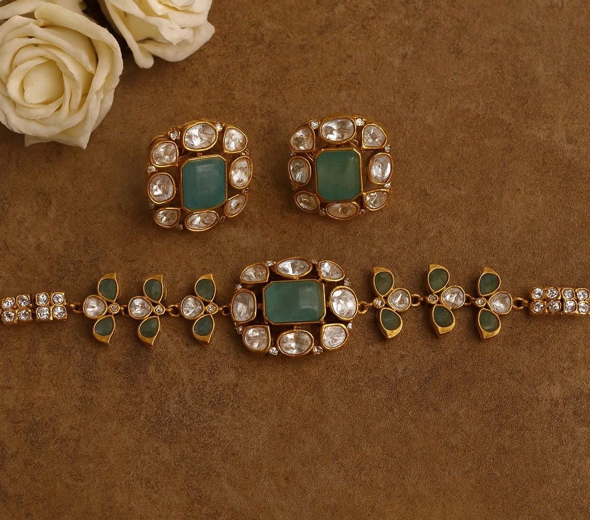 SABAA Victorian look Mint Green Doublet Stone kundan Choker with stud Earrings,mint green sleek necklace set,Indian Pakistani bridal jewelry