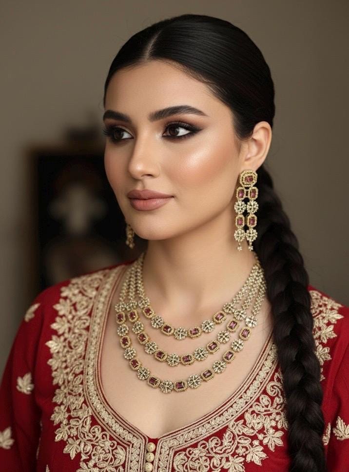 BARIKA three layered red kundan and zircon sleek necklace set in mehndi golden polish,Indian victorian style jewelry