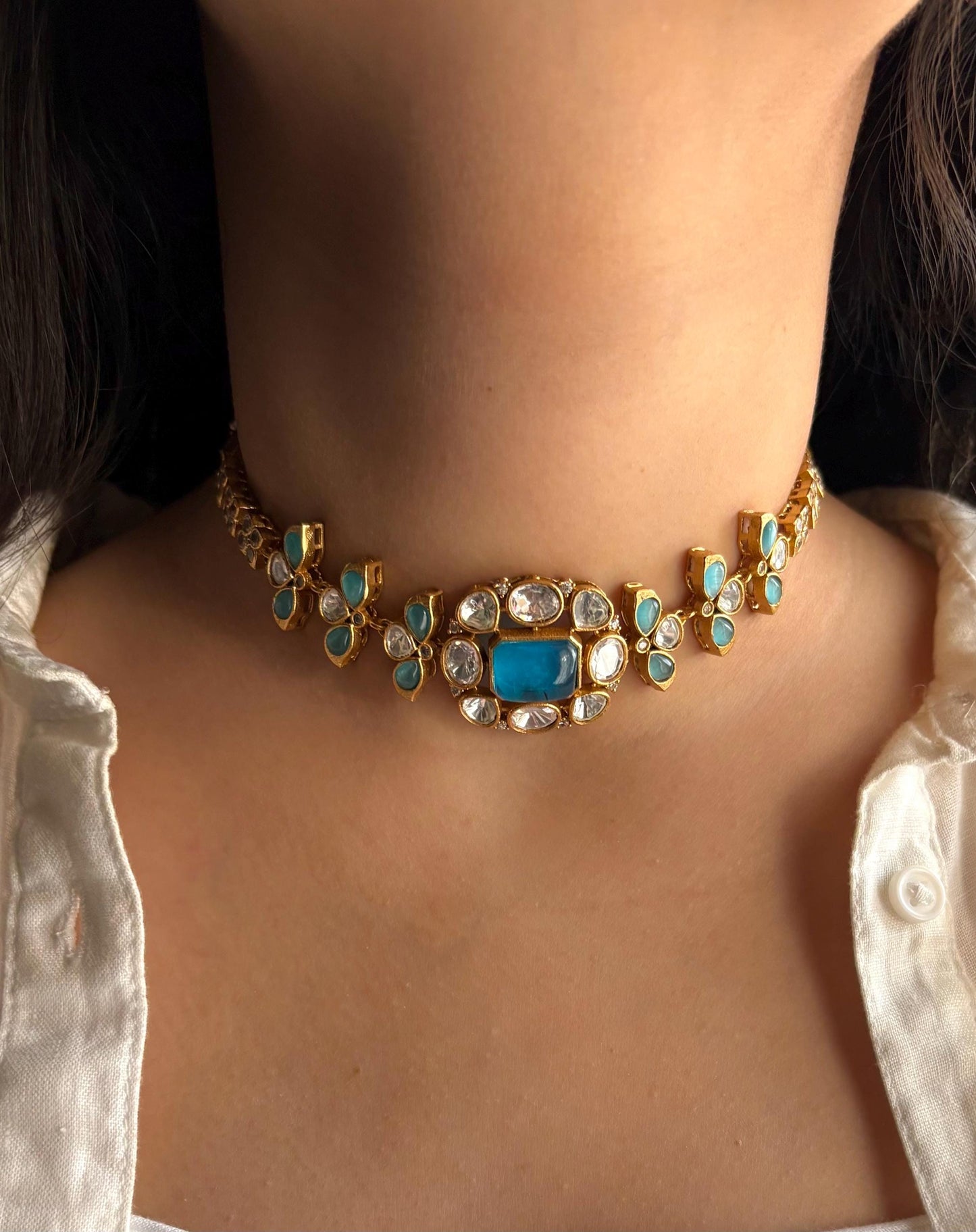 SABAA turquoise blue kundan polki Choker with stud Earrings, doublet stone aqua blue colour necklace set,Indian Pakistani bridal jewelry