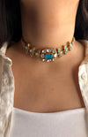SABAA turquoise blue kundan polki Choker with stud Earrings, doublet stone aqua blue colour necklace set,Indian Pakistani bridal jewelry