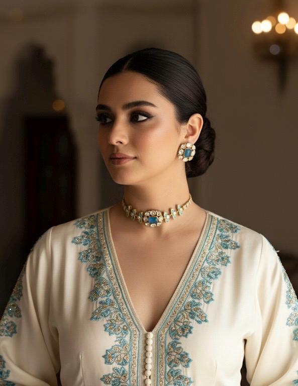 SABAA turquoise blue kundan polki Choker with stud Earrings, doublet stone aqua blue colour necklace set,Indian Pakistani bridal jewelry