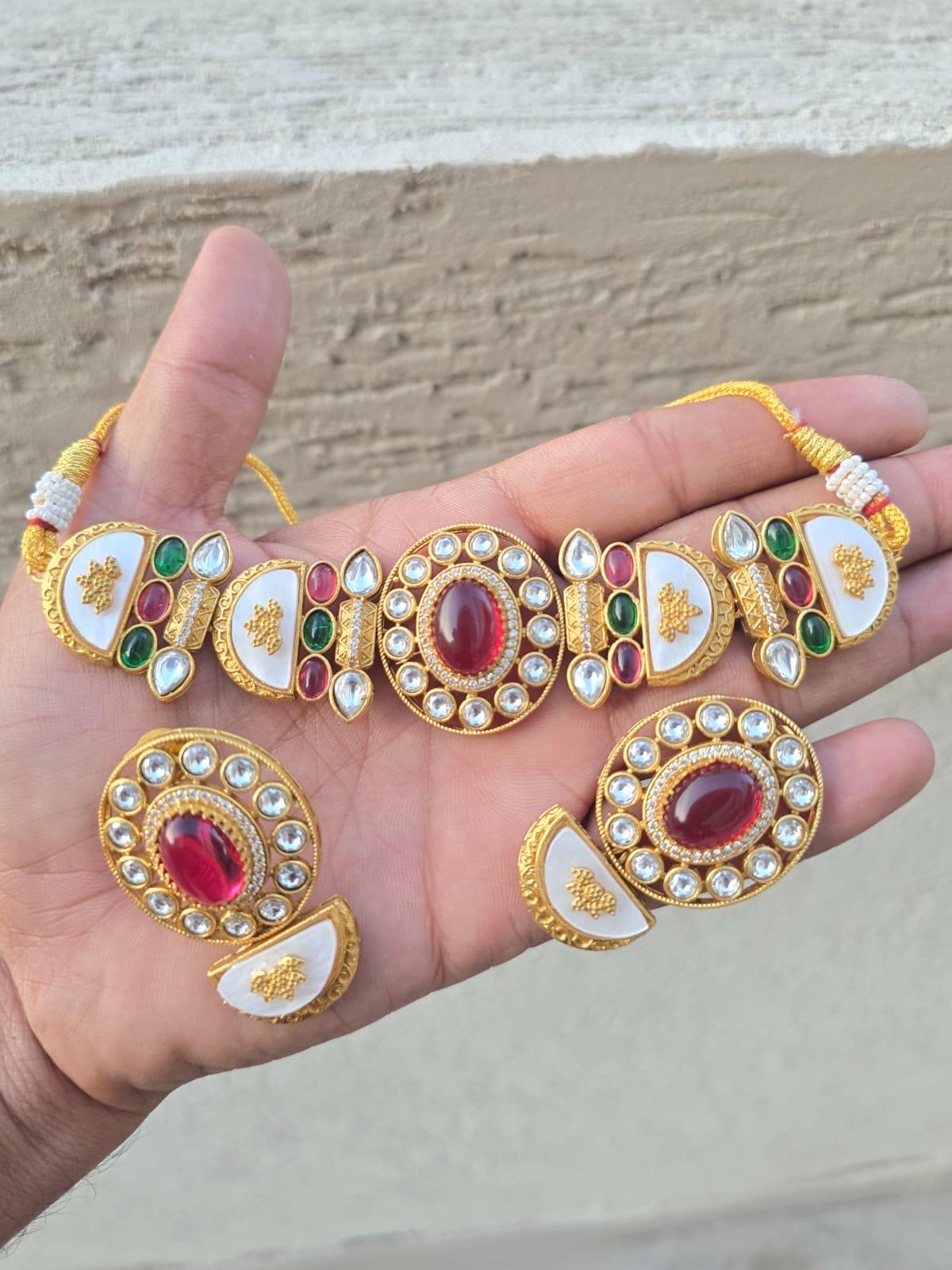 BAANI multicoloured choker necklace Set with Earrings, Pakistani wedding jewelry, Sabyasachi inspired red green Indian bridal choker set