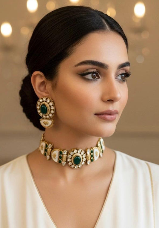 BAANI Green choker necklace Set with Earrings, Pakistani wedding jewelry, Sabyasachi inspired green Indian bridal choker set