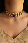 SABAA  Purple Doublet Stone Choker Necklace Set with Earrings, purple sleek choker with studs,  Indian Pakistani wedding jewelry