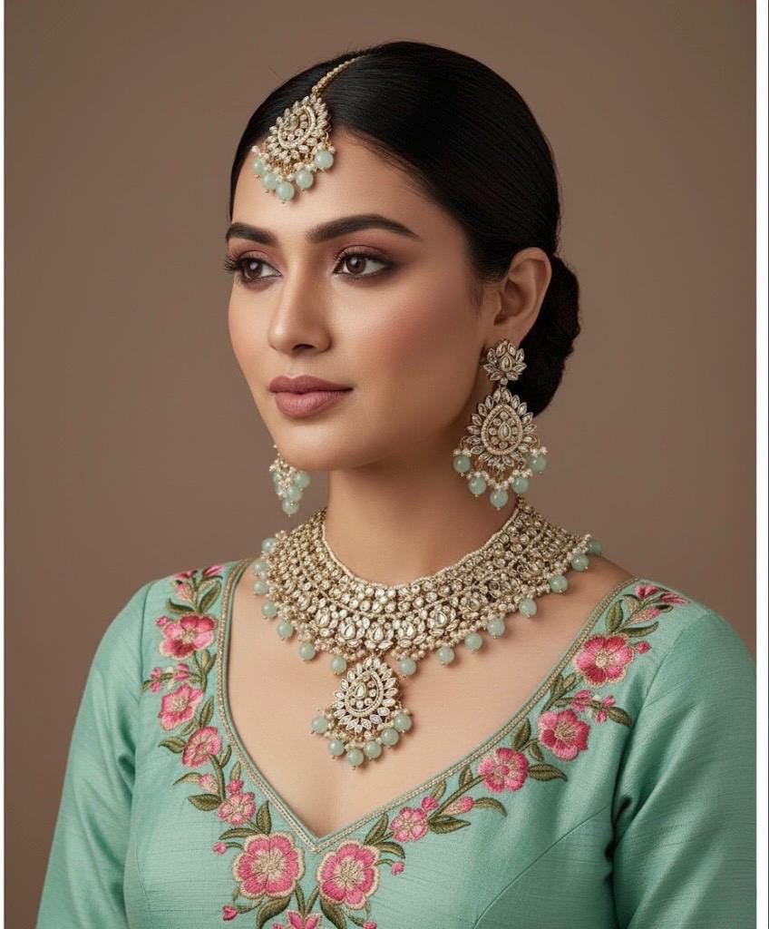 GHAZAL Mint colour Kundan necklace earrings maangtika wedding bridal jewellery pakistani nikaah bollywood jewelry punjabi indian set