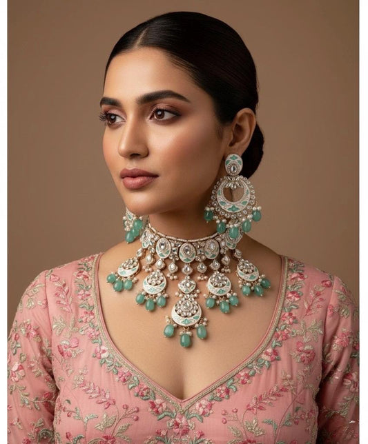 INSHAA Mint Kundan Choker earrings maangtika,Punjabi Jewellery, Indian Kundan Necklace Set, cz zircon,Pakistani nikaah Jewelry,Bridal