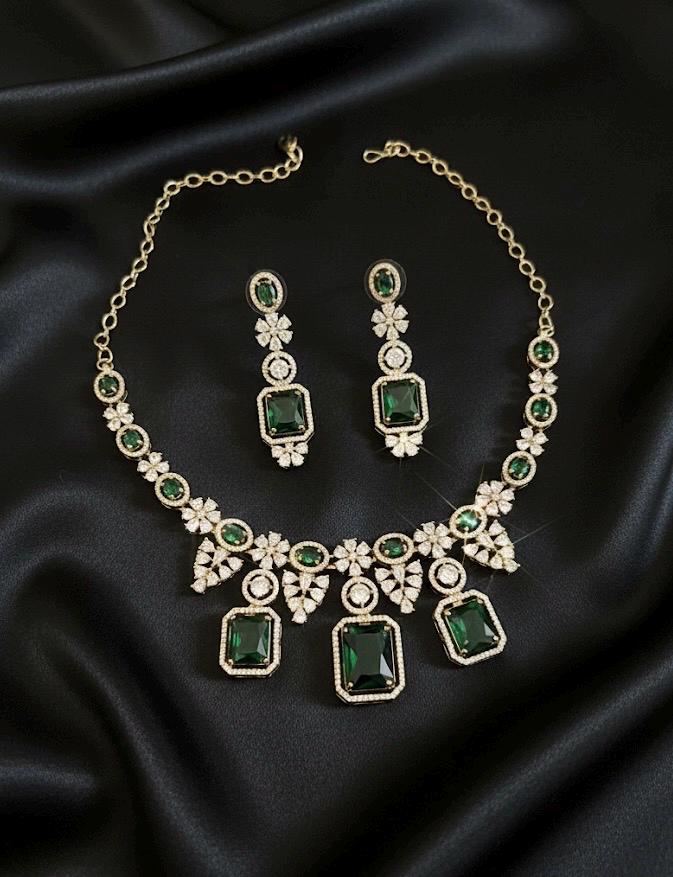 MABLE emerald green cz and zircon sleek Victorian necklace and earrings in mehndi golden polish, American diamond Prom jewelry