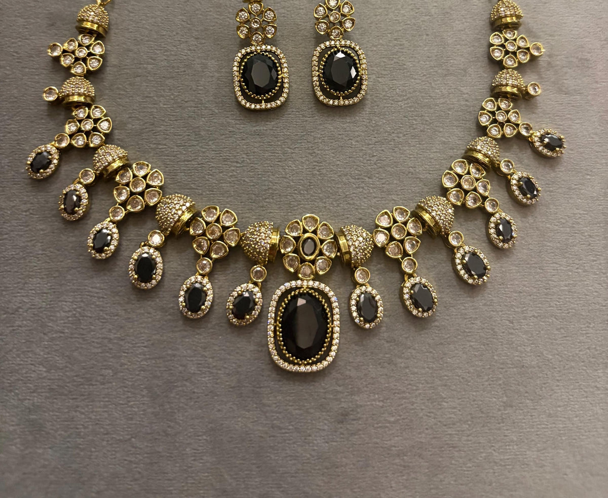 RIMAYA Sabyasachi inspired black cz zircon and kundan sleek necklace set in antique golden polish,Indian victorian style jewelry in AD stone