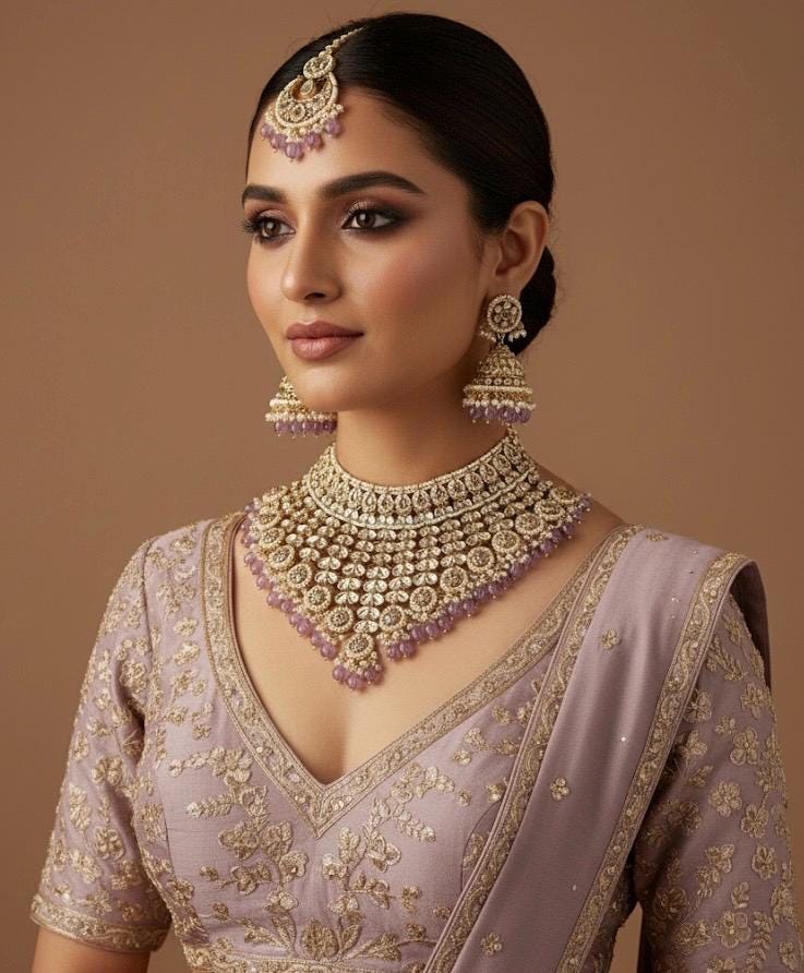 SALOMI Lavender purple Bridal Kundan Choker necklace jhumka maangtika,Punjabi Jewellery, Indian wedding kundan jewelery pakistani jewelry