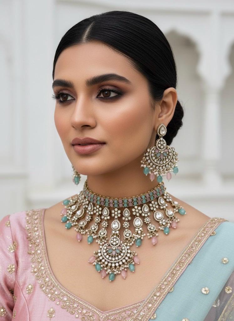TABBASUM Mint pink Bridal Kundan and cz zircon Choker necklace earrings and maangtika,Indian Pakistani wedding jewelery in Victorian style