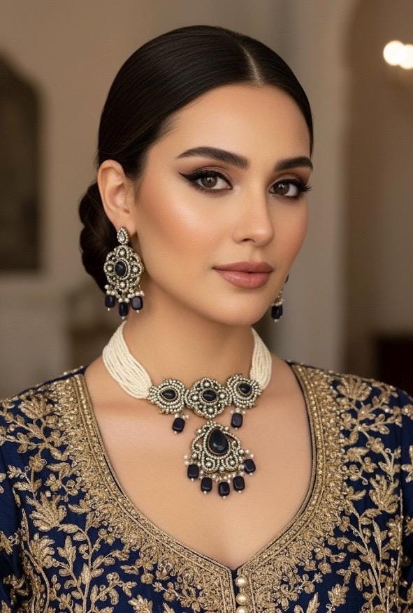 SUMAIRA deep blue kundan cz choker necklace earrings,indian wedding jewelry pakistani nikaah jewelry,blue colour bridal jewelry