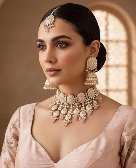 ZOYA Pink kundan and meenakari necklace set wedding jewelry pakistani jewellery bollywood  punjabi jhumka earrings maangtika cz zircon