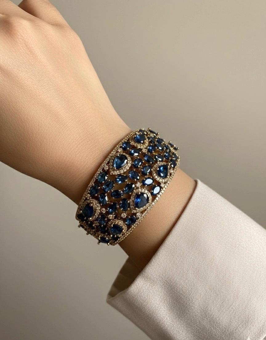 MYRA sapphire blue bracelet in antique golden polish,cz zircon openable  bracelet,American diamond  blue bangle bracelet