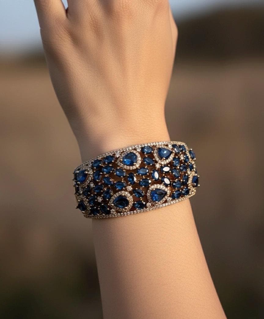 MYRA sapphire blue bracelet in antique golden polish,cz zircon openable  bracelet,American diamond  blue bangle bracelet
