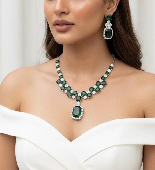 ADITA green necklace earrings in American Diamond Classy high quality cz zircon jewelry,prom,gala dinner green colour jewellery set