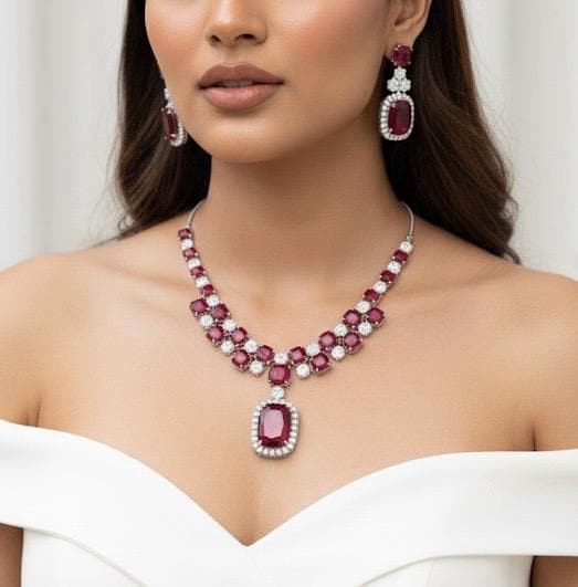 ADITA Ruby red silver necklace earrings in American Diamond Classy high quality cz zircon jewelry,prom,gala dinner red colour jewellery set