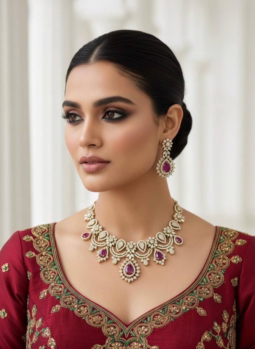 SHABANA Ruby cz zircon sleek necklace set in  muted golden polish, Indian pakistani bridal  jewelry in Ruby pink colour
