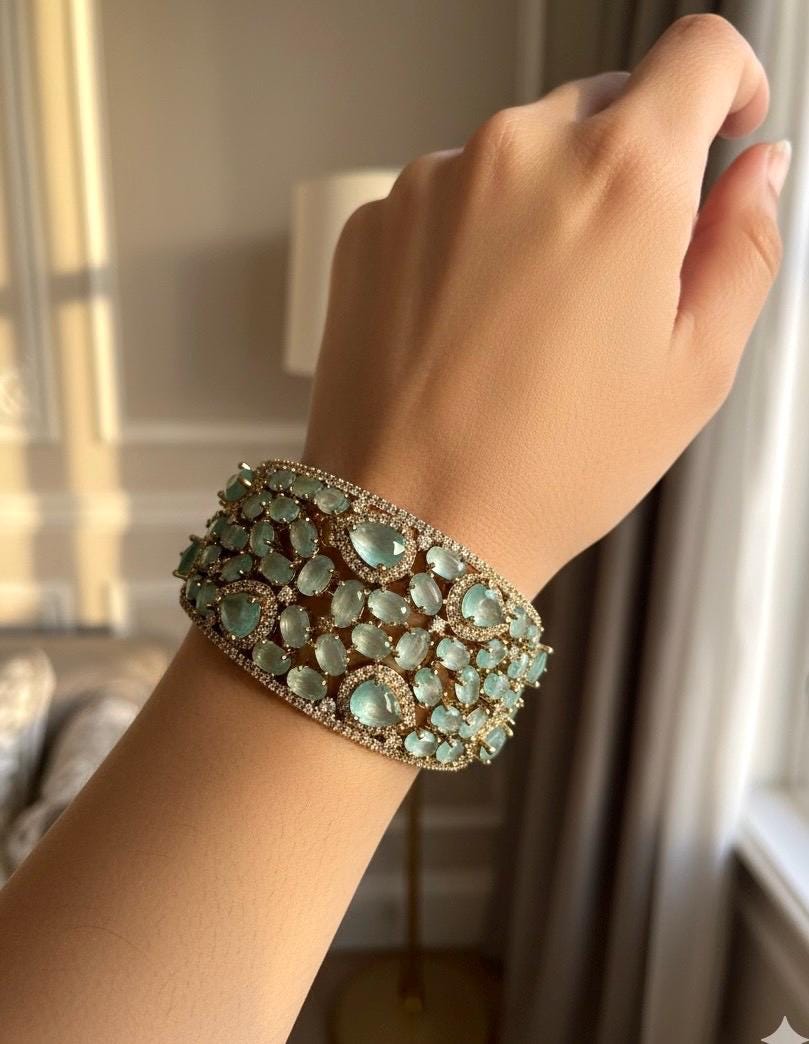 MYRA mint bracelet in antique golden polish,cz zircon openable  bracelet,American diamond mint colour bangle bracelet