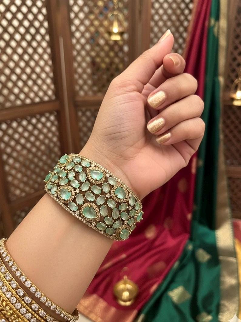 MYRA mint bracelet in antique golden polish,cz zircon openable  bracelet,American diamond mint colour bangle bracelet