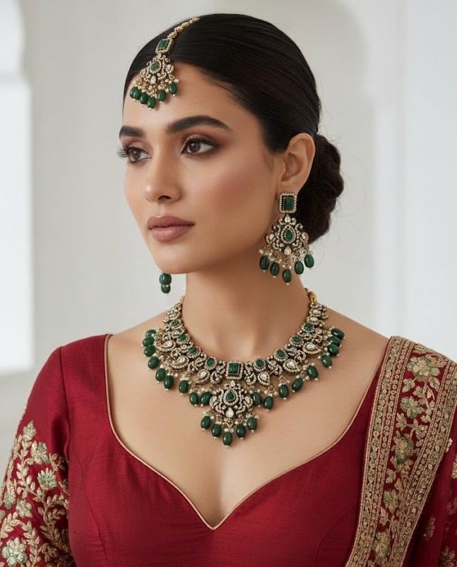 MAHIRA dark green cz kundan and zircon necklace set in victorian and golden polish, Indian bridal victorian style green jewelry