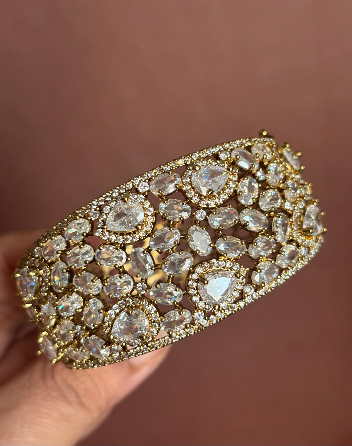 MYRA clear stones bracelet in antique golden polish,cz zircon openable  bracelet,American diamond colourless bangle bracelet