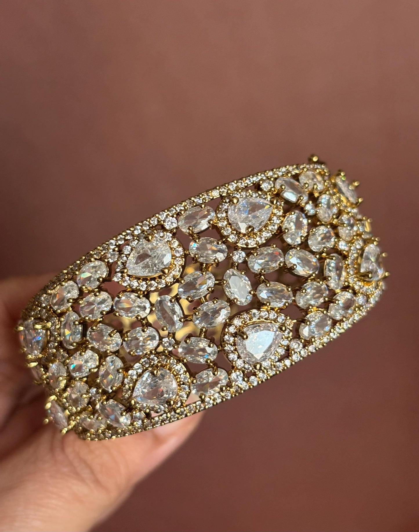 MYRA clear stones bracelet in antique golden polish,cz zircon openable  bracelet,American diamond colourless bangle bracelet