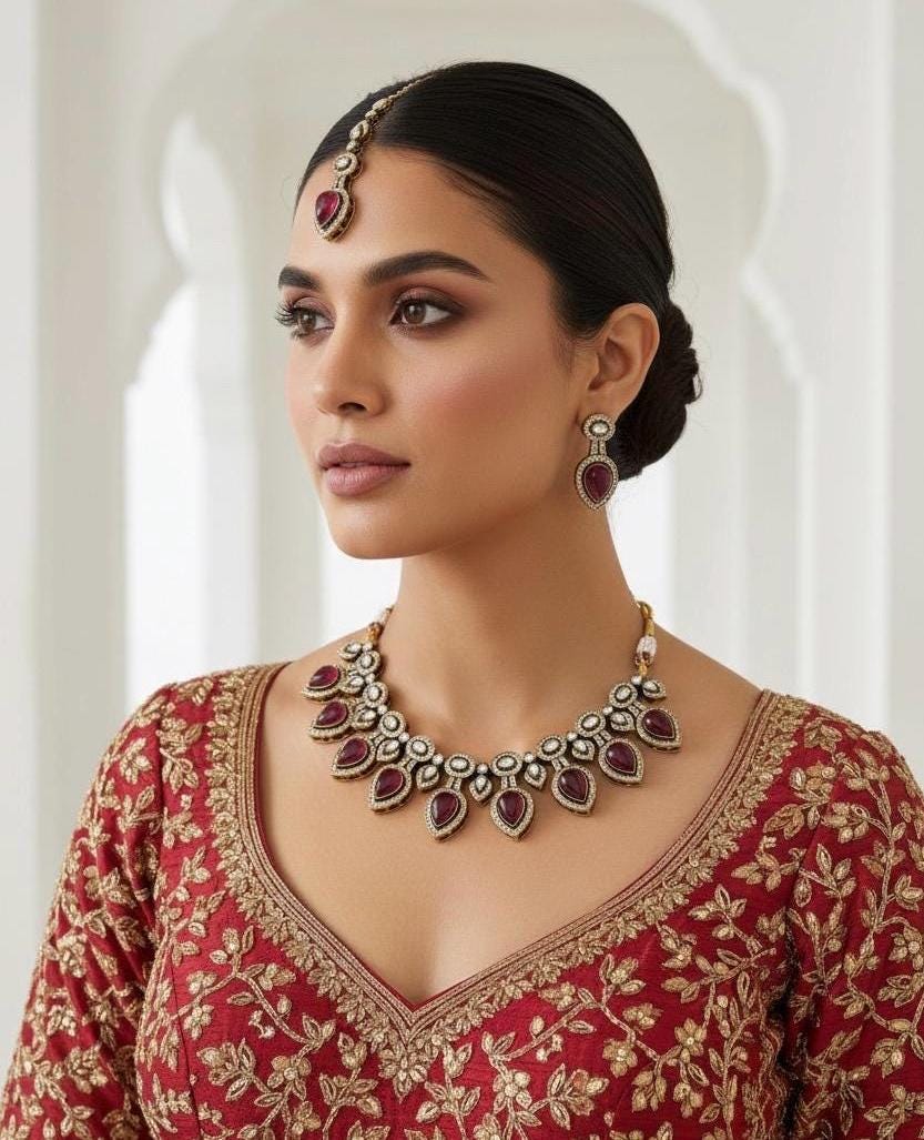 TANYA reddish pink cz kundan and zircon necklace set in victorian and golden polish, Indian bridal victorian style jewelry