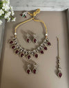 TANYA reddish pink cz kundan and zircon necklace set in victorian and golden polish, Indian bridal victorian style jewelry