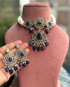 SUMAIRA deep blue kundan cz choker necklace earrings,indian wedding jewelry pakistani nikaah jewelry,blue colour bridal jewelry