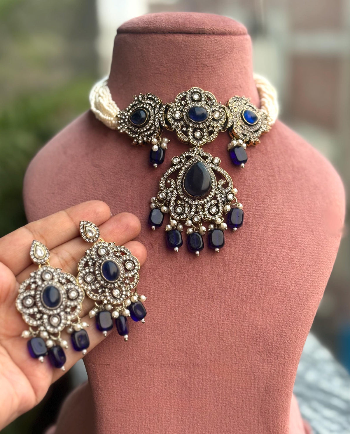 SUMAIRA deep blue kundan cz choker necklace earrings,indian wedding jewelry pakistani nikaah jewelry,blue colour bridal jewelry