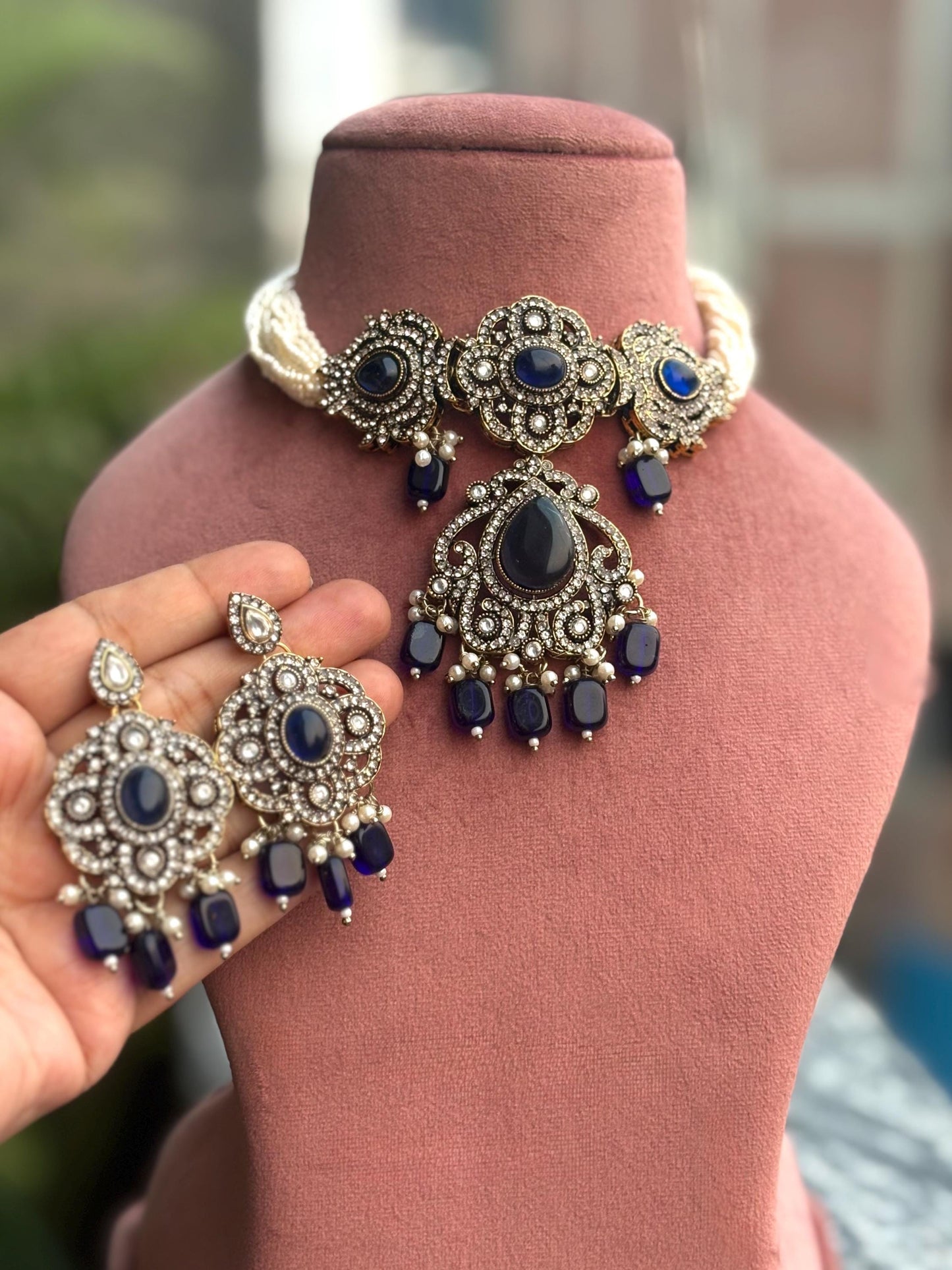 SUMAIRA deep blue kundan cz choker necklace earrings,indian wedding jewelry pakistani nikaah jewelry,blue colour bridal jewelry