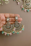 TABBASUM Mint pink Bridal Kundan and cz zircon Choker necklace earrings and maangtika,Indian Pakistani wedding jewelery in Victorian style