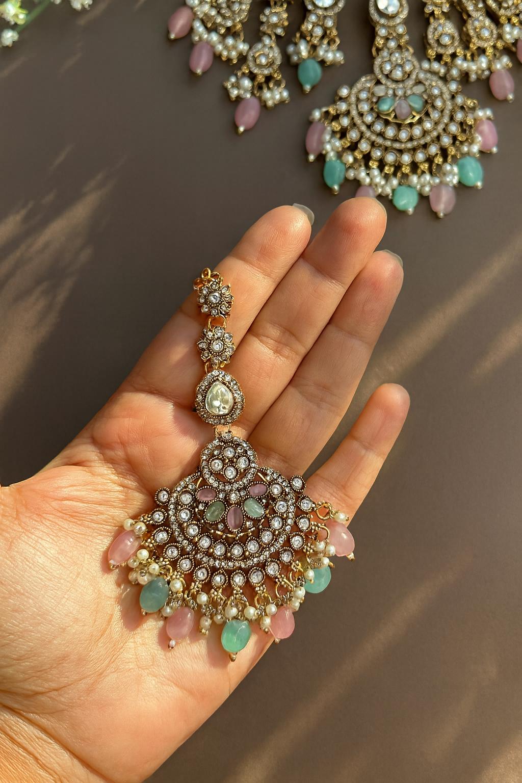 TABBASUM Mint pink Bridal Kundan and cz zircon Choker necklace earrings and maangtika,Indian Pakistani wedding jewelery in Victorian style