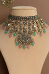 TABBASUM Mint pink Bridal Kundan and cz zircon Choker necklace earrings and maangtika,Indian Pakistani wedding jewelery in Victorian style